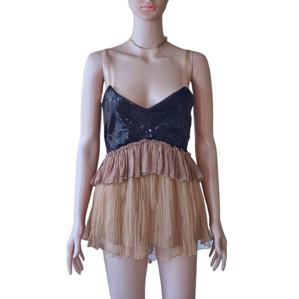gimmicks by BKE Black Sequin & Tan Ruffled Chiffon Cami Top